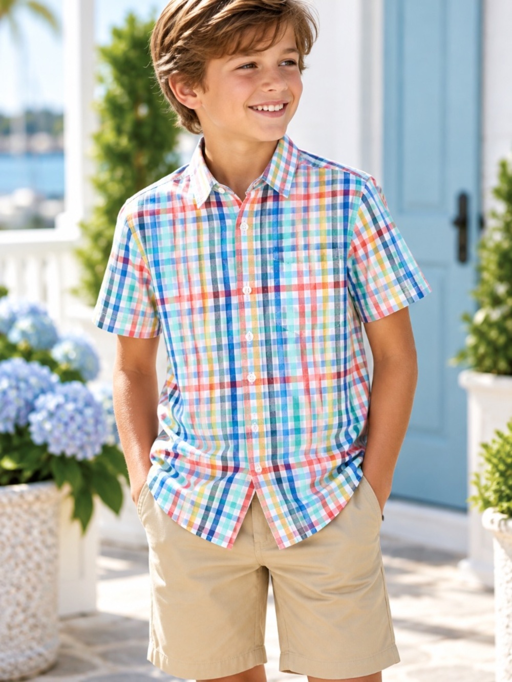 Preppy Boys Multicolor Plaid Cotton Poplin Button Down Shirt 10/12